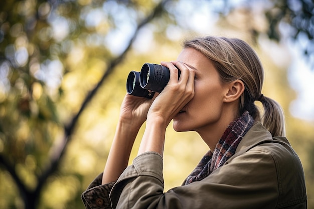 Photo plan recadré d'une femme utilisant des jumelles dans le parc