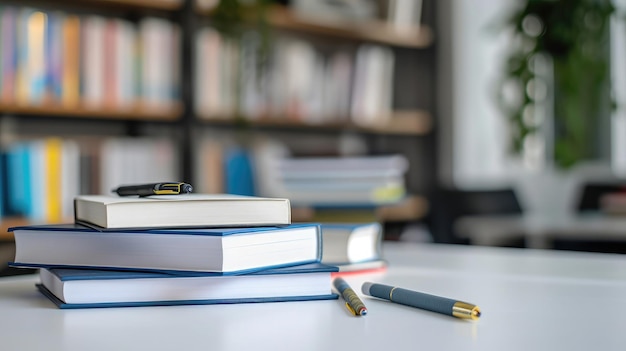 Plan recadré d'une table blanche avec des livres de papeterie et un espace de copie dans une salle d'étude floue