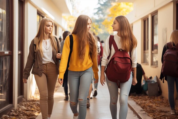 Un plan de trois jeunes étudiantes marchant dans le couloir de l'université avec des sacs à dos IA générative