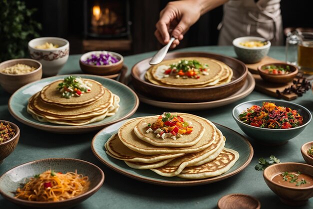 plan vertical de délicieuses crêpes végétaliennes au tofu avec des fruits colorés