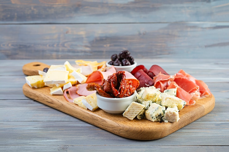 Photo planche d'antipasti avec jambon, fromage et olives