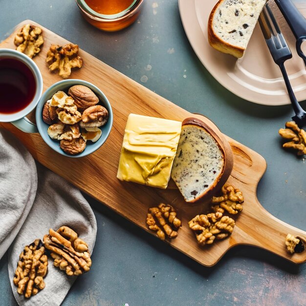 Planche à beurre tendance avec miel et noix pour le petit-déjeuner sur la table, vue sur le dessus