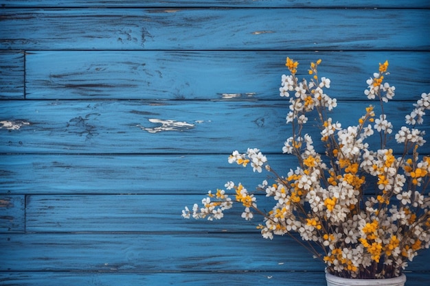 Une planche de bois bleue avec des fleurs dessus