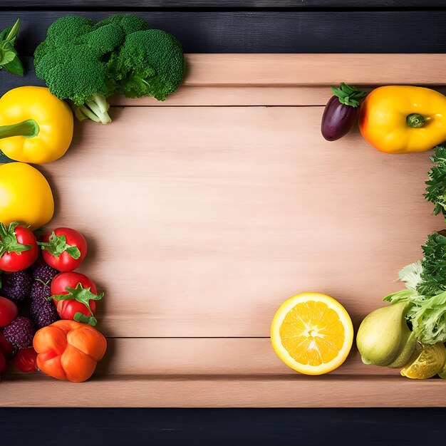 Une planche en bois avec un cadre de fruits et légumes