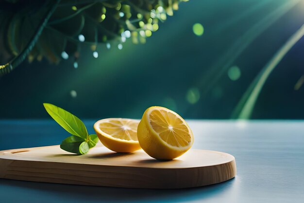 Une planche de bois avec des citrons et une feuille dessus