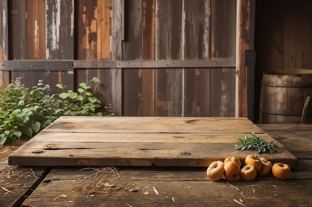 Une planche de bois contre une grange rustique dans un cadre de ferme