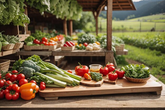 Photo une planche en bois dans une ferme biologique avec des produits frais et des légumes