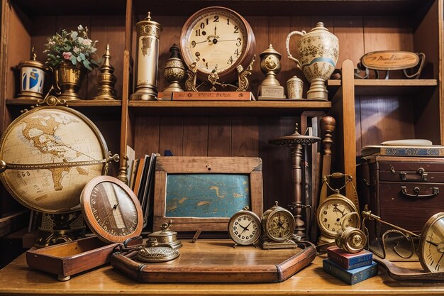 Planche en bois dans un magasin d'antiquités avec des objets vintage