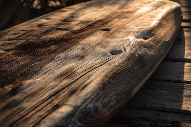Planche de bois déformée et patinée par les éléments avec le soleil qui brille à travers