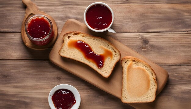 une planche en bois avec deux toasts et une tasse de ketchup dessus