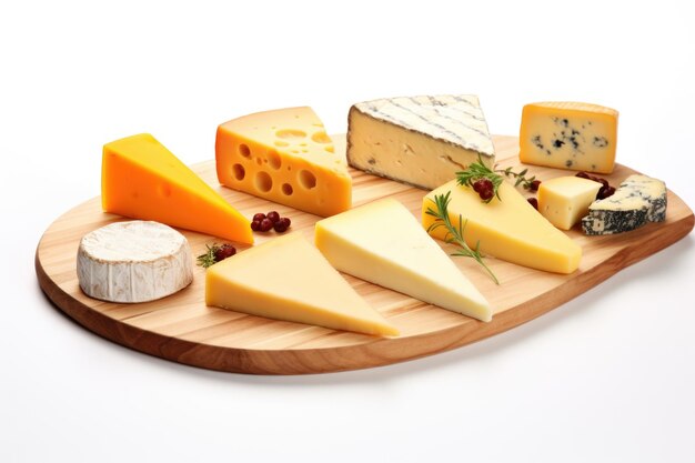Planche de bois avec différents types de fromages sur fond blanc