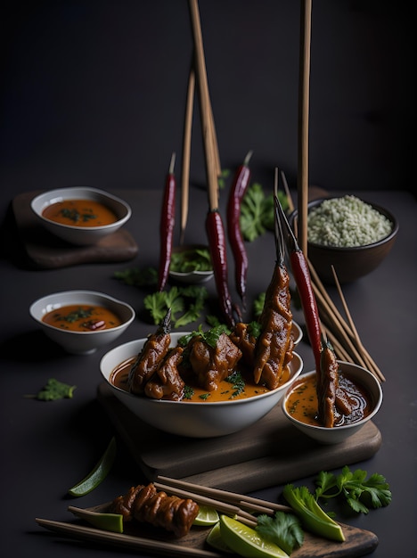 Une planche en bois avec divers aliments, y compris des brochettes de poulet et des sauces