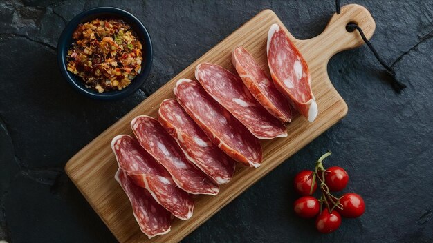 Une planche de bois avec du salami tranché sur une table de pierre