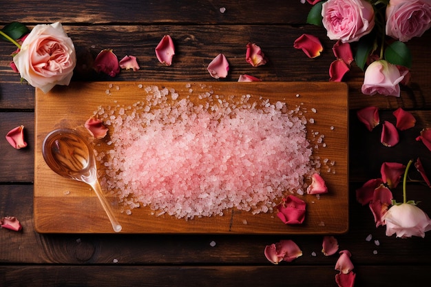 Photo planche en bois avec du sel de mer et du brouillard de pétales de rose