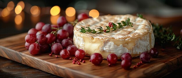 Cette planche de bois est ornée d'un camembert rond, de fromage, de fromages fumés, de raisins et de cœurs de velours rouge.