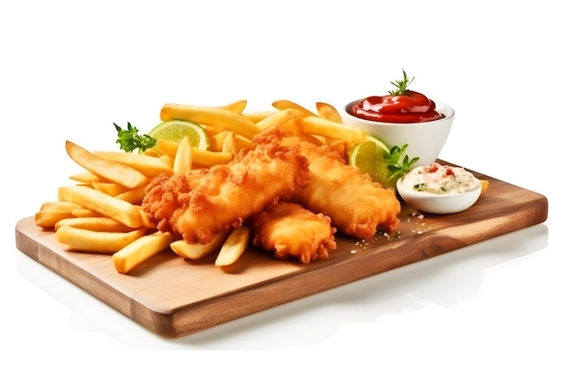 Une planche de bois avec fish and chips et ketchup