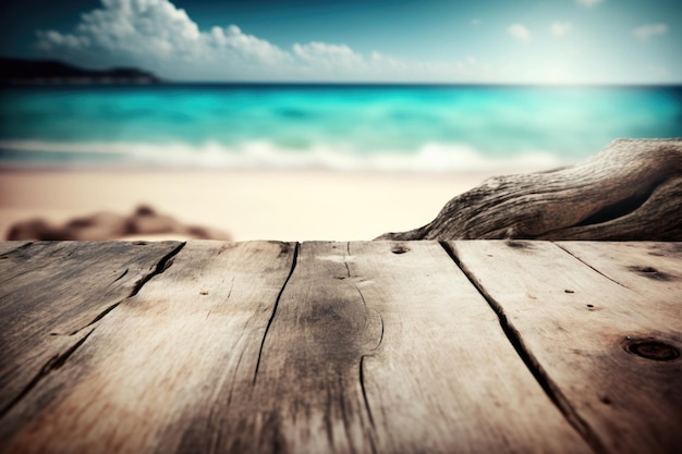 Planche de bois avec flou plage et mer