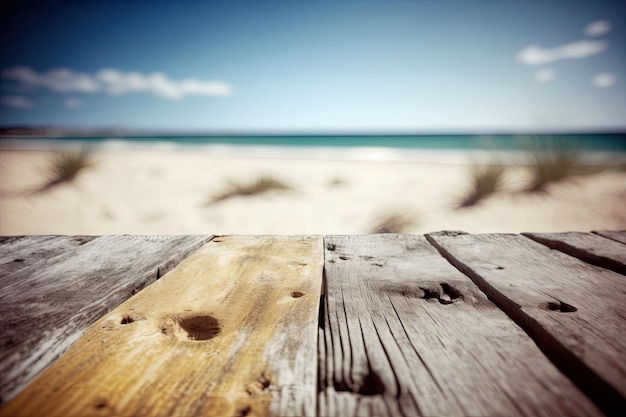 Photo planche de bois avec flou plage et mer