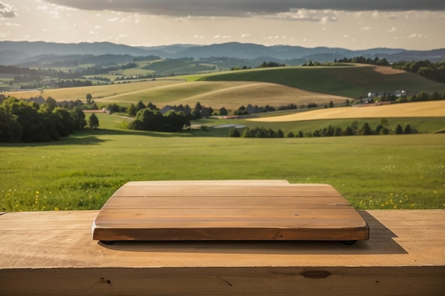 Une planche de bois sur fond de collines et de prairies