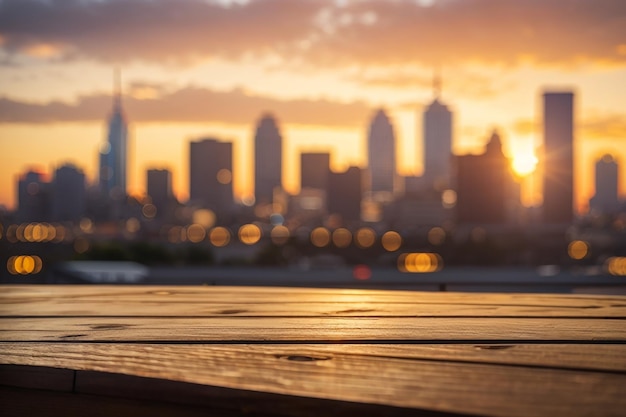 Une planche de bois avec un horizon de la ville défoulé au coucher du soleil