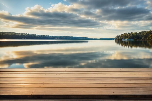 Une planche de bois sur une jetée tranquille au bord du lac