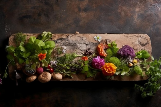 Une planche de bois avec des légumes et des herbes dessus AI générative