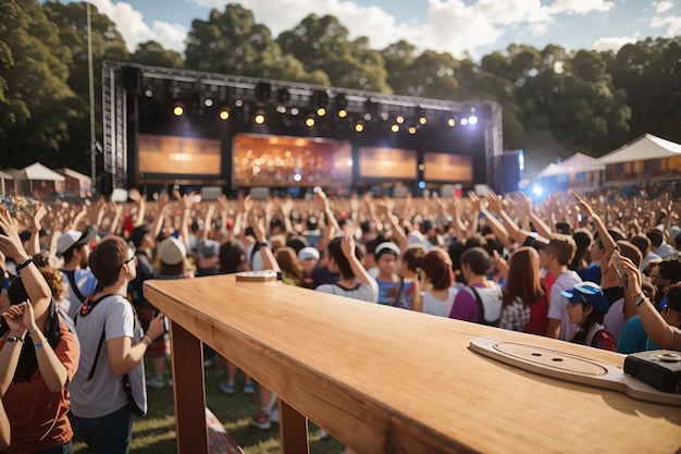 Une planche en bois lors d'un festival de musique avec des groupes de musique en direct et des foules qui applaudissent