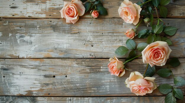 Sur une planche en bois, nous avons des roses rustiques pour la fête des mères.