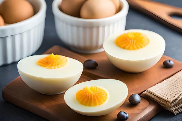 une planche de bois avec des oeufs et un bol de tranches d'orange dessus