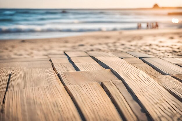 Une planche de bois sur la plage avec le soleil qui se couche derrière elle.