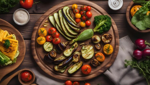 Photo une planche en bois avec un plateau de légumes, y compris des légumes et une boîte de coca - cola