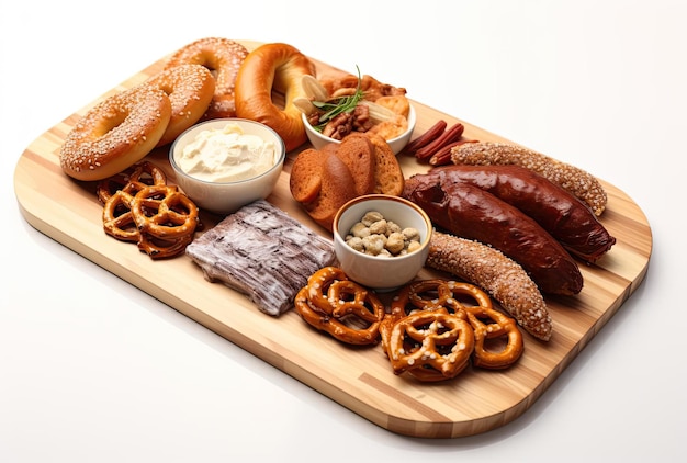 une planche de bois avec plusieurs bretzels et saucisses dans le style beige clair et argent