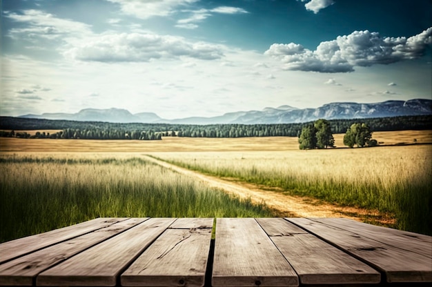 Planche de bois avec podium et paysage verdoyant de montagnes ai générative