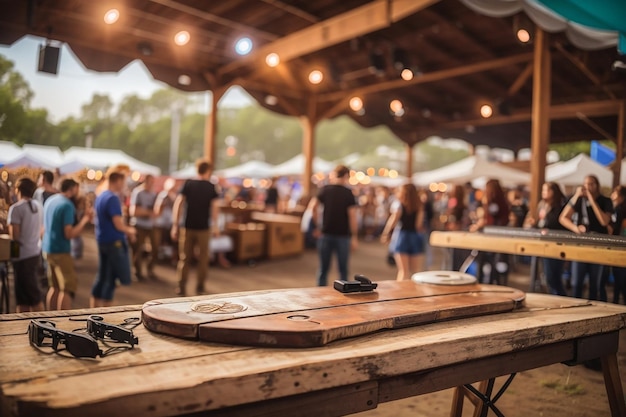 Une planche en bois rustique dans un festival de musique avec des groupes de musique en direct