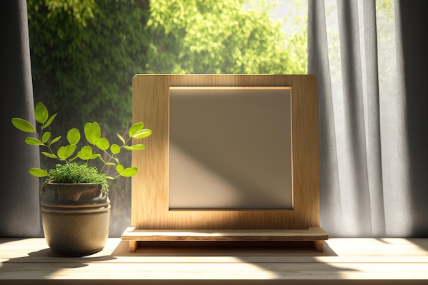 Planche en bois sur une table avec fond de fenêtre à ressort et ombres Espace libre sur un socle pour vos décorations