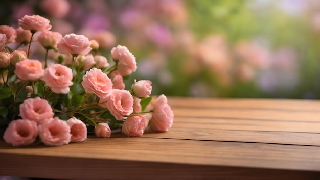 Planche de bois table vide sur fond de fleur floue