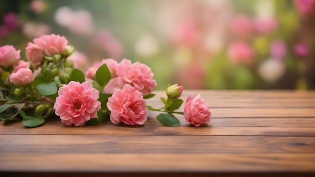 Planche de bois table vide sur fond de fleur floue