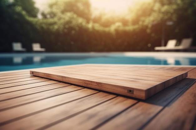 Photo une planche en bois sur une terrasse en bois à côté d'une piscine