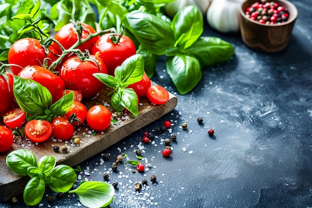 Une planche en bois avec des tomates, du basilic et des grains de poivre sur la table