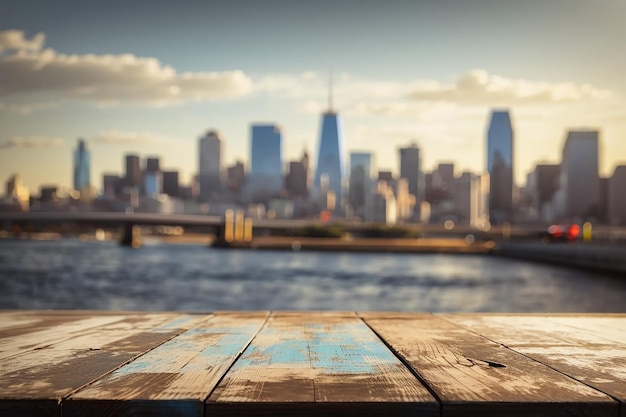 Une planche de bois usée avec un paysage urbain flou en arrière-plan