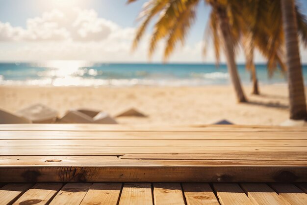 Une planche en bois vide contre une plage ensoleillée défocalisée