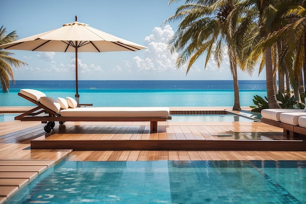 Une planche de bois vide à côté d'une piscine avec un cadre de complexe de luxe