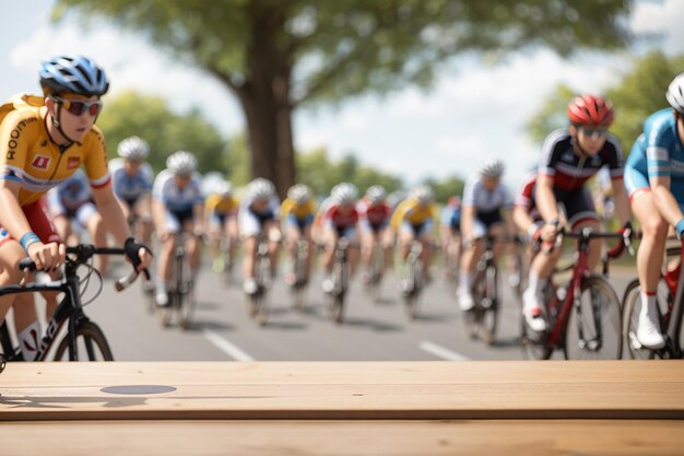 Photo une planche en bois vierge avec une course cycliste défocalisée en arrière-plan