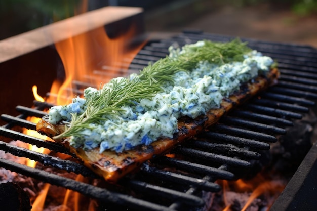 Planche de cèdre avec du fromage bleu sur le gril chaud