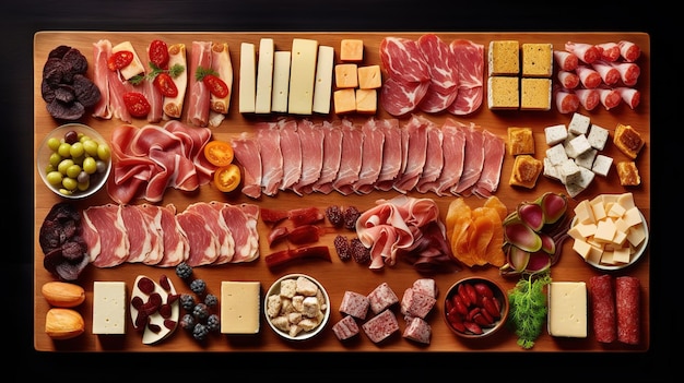 Une planche de charcuterie et de fromages est présentée avec une assiette de charcuterie et de légumes