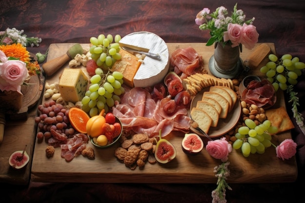 Photo planche de charcuterie rustique sur nappe vintage créée avec générative ai