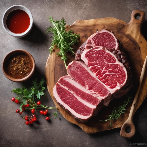 Photo une planche de coupe en bois avec du steak et des épices et un bol de sauce