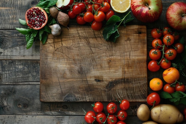 planche de coupe en bois avec des fruits et légumes frais vue supérieure avec espace de copie