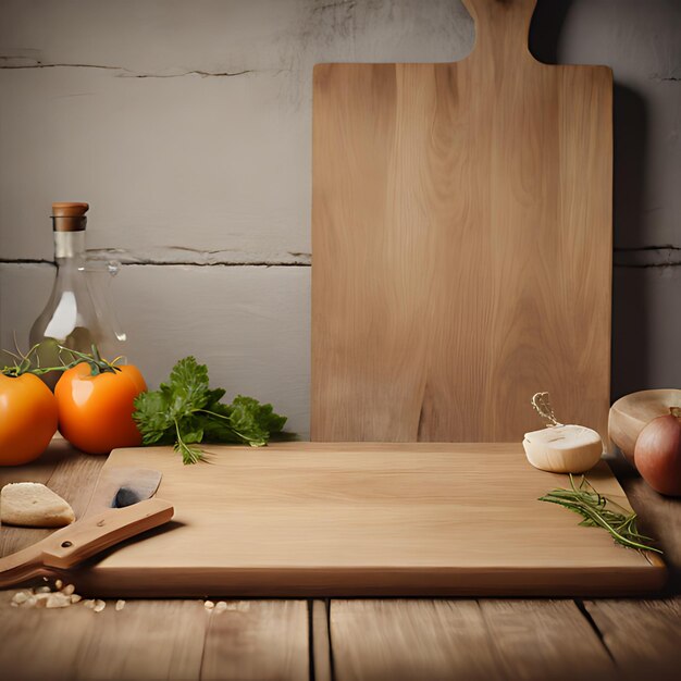 Photo une planche de coupe en bois avec des légumes et une bouteille de vin dessus
