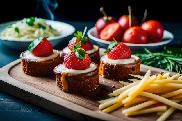 une planche de coupe en bois avec de la nourriture sur elle, y compris des fraises, des fraises et de la salade